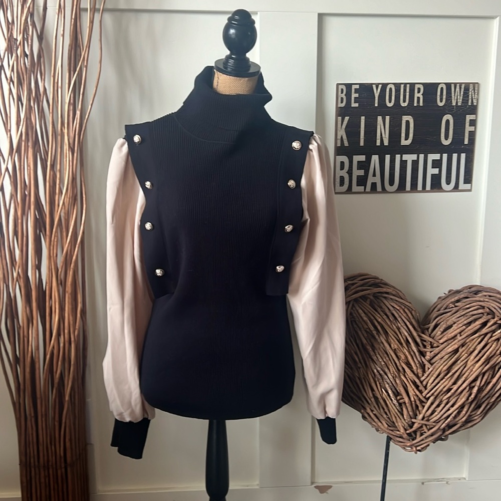 Shein Black Double Breasted Sweater W/Satiny Sleeves NWOT